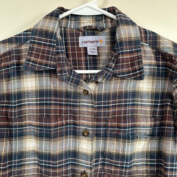 Carhartt Woman's Plaid Flannel Shirt Button Front Long Sleeve SMALL Brown Blue - Picture 2 of 9